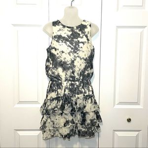 Necessary Objects Tiered Ruffle Layer Mini Dress Shibori Tie-Dye Black & Cream